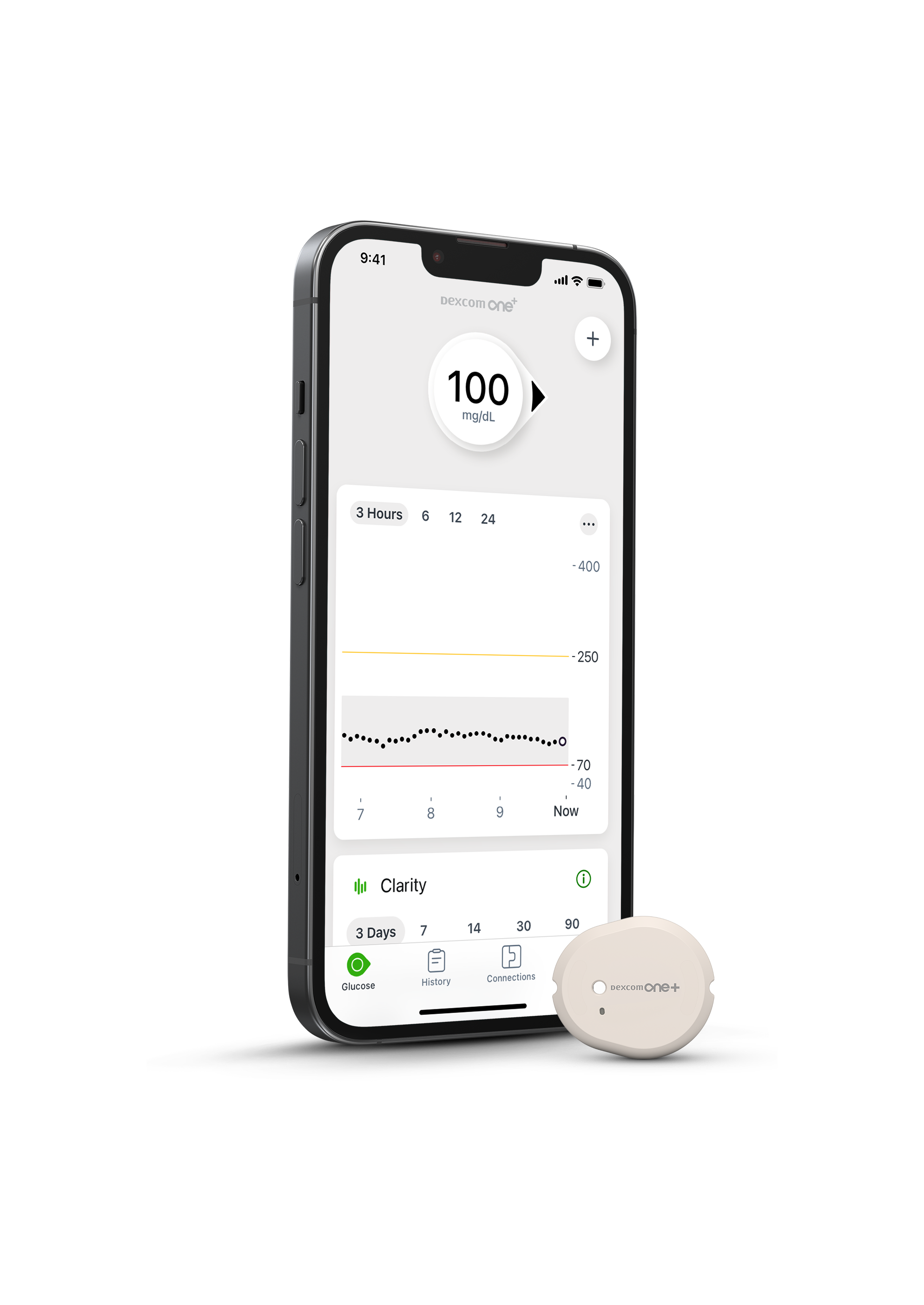 Smartphone mit Dexcom ONE+ App auf dem Bildschirm und Dexcom ONE+ Sensor